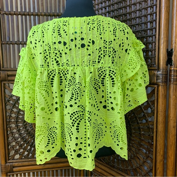 Farm Rio Palm Tree Richelieu Cotton Eyelet Crop Blouse in Lime Green size S - Picture 4 of 13